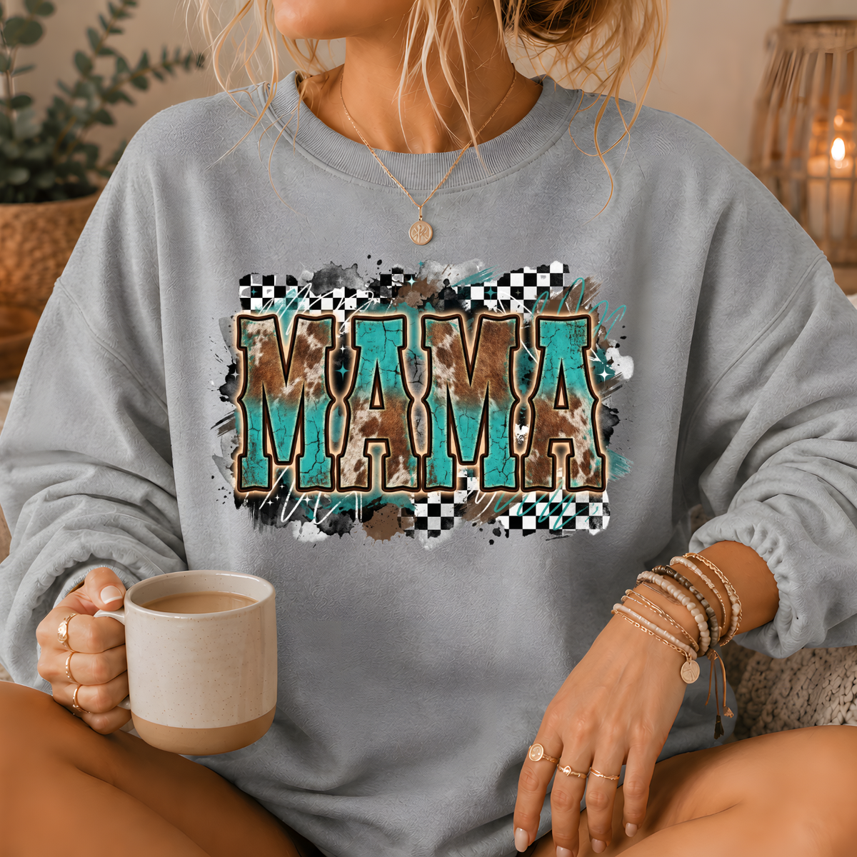 Mama Turquoise Cow Print Western Crewneck Sweatshirt