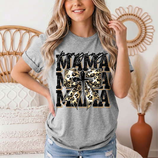 Praying Mama Leopard Bow & Cross Graphic Tee