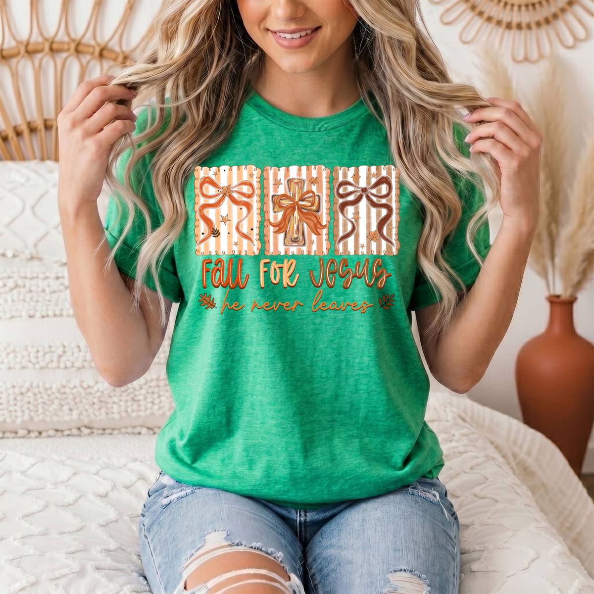 Fall for Jesus He Never Leaves Christian Graphic Tee