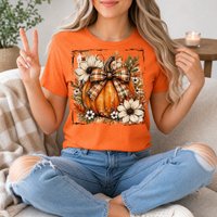 Fall Pumpkin Floral & Plaid Bow Graphic Tee