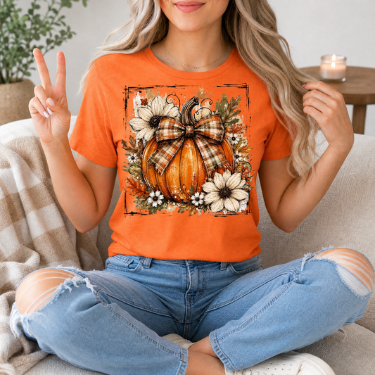 Fall Pumpkin Floral & Plaid Bow Graphic Tee