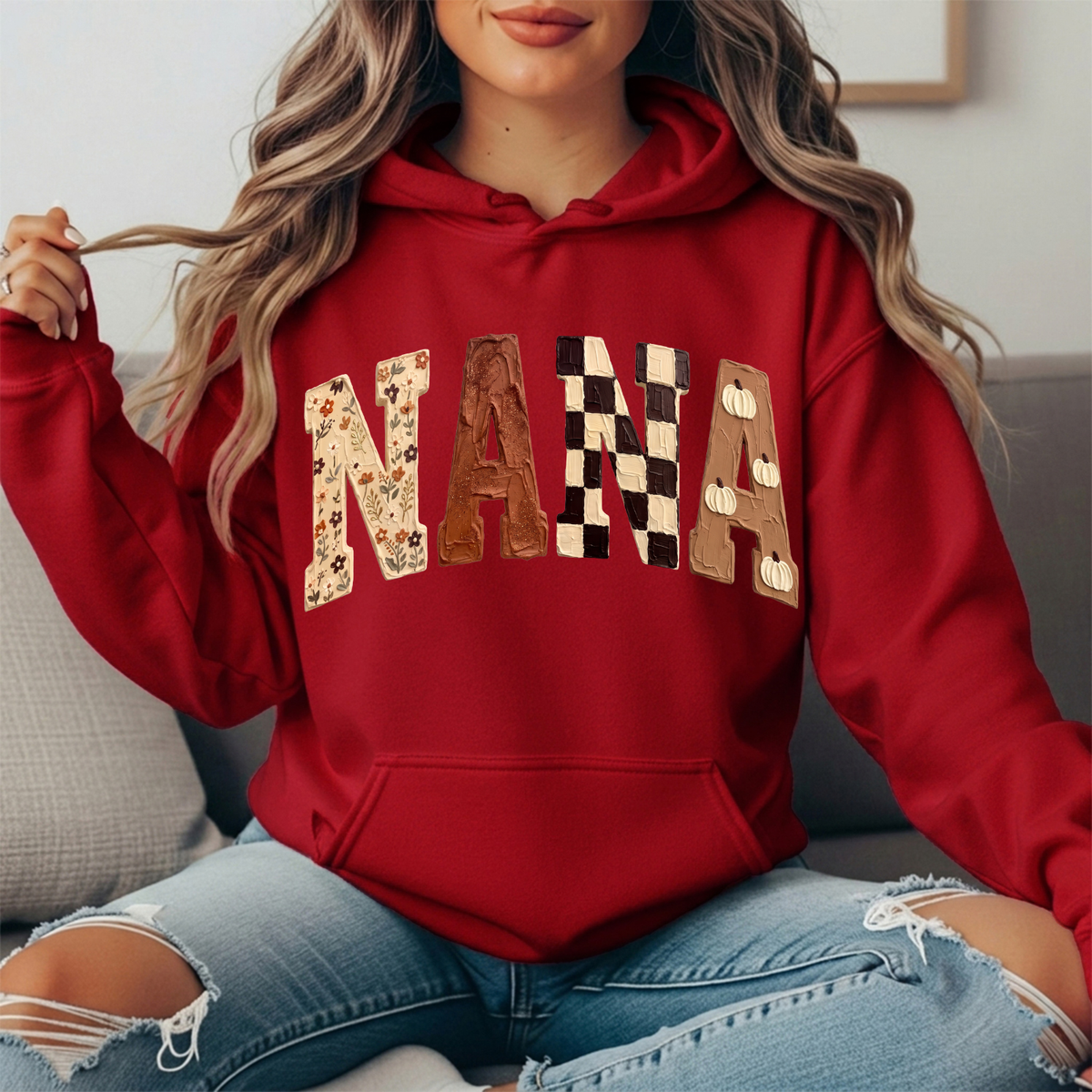 Nana Fall Floral, Checkerboard & Pumpkin Graphic Hoodie