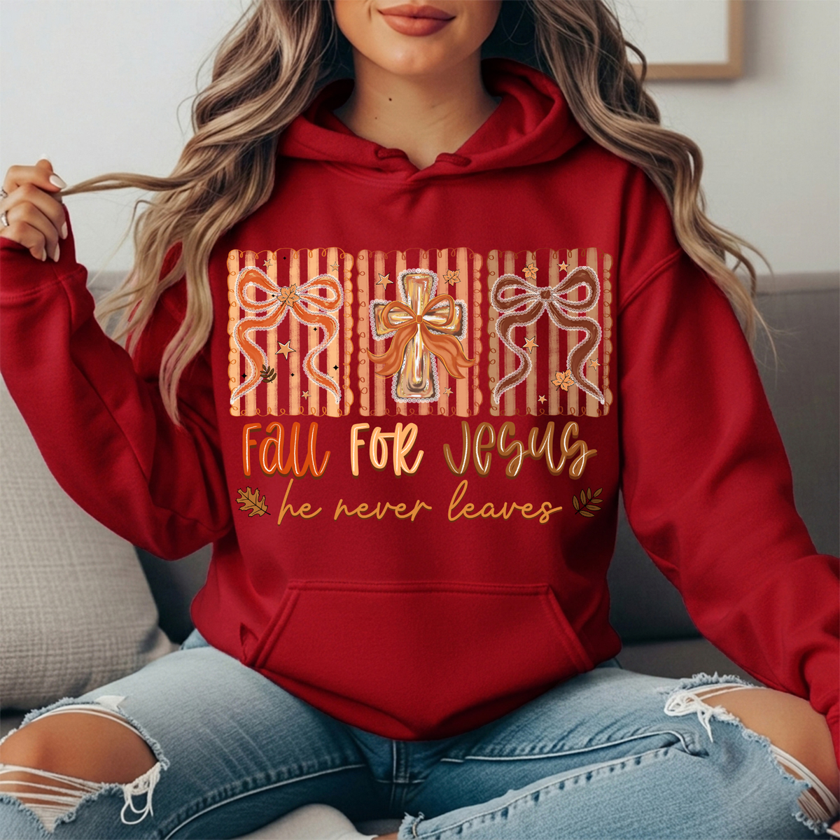Fall for Jesus He Never Leaves Bow Cross Graphic Hoodie
