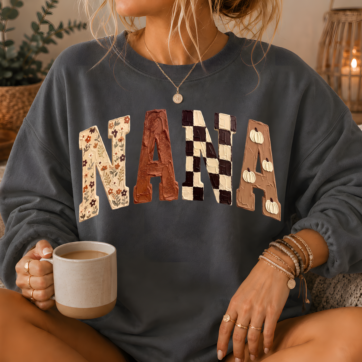 Nana Fall Patchwork Print Crewneck Sweatshirt