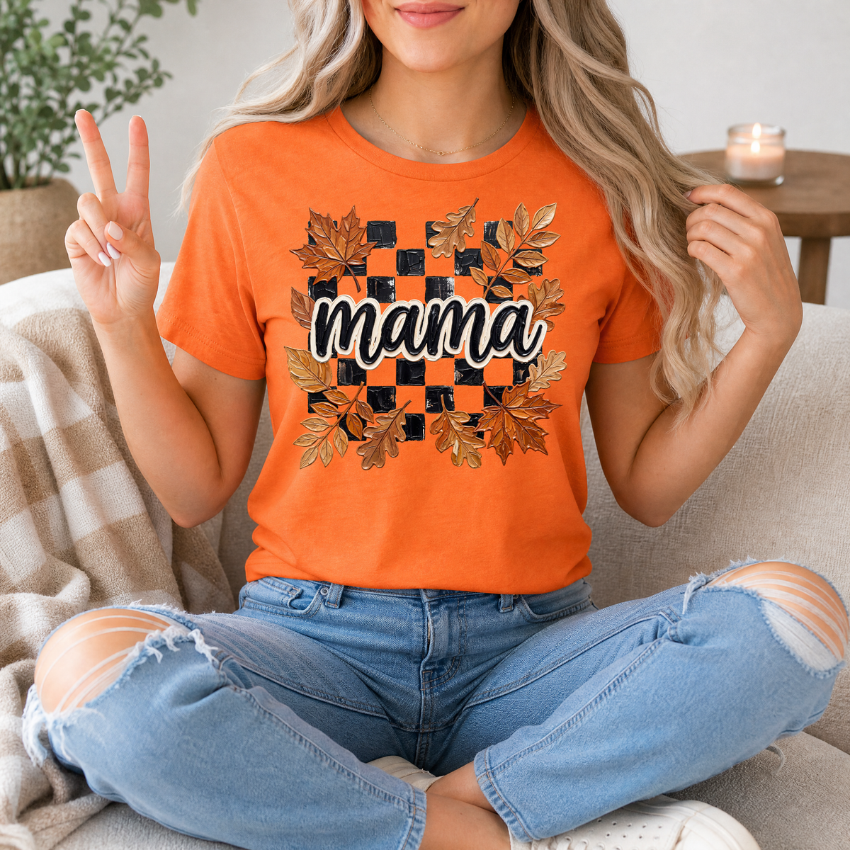 Mama Fall Leaves & Checkerboard Graphic Tee