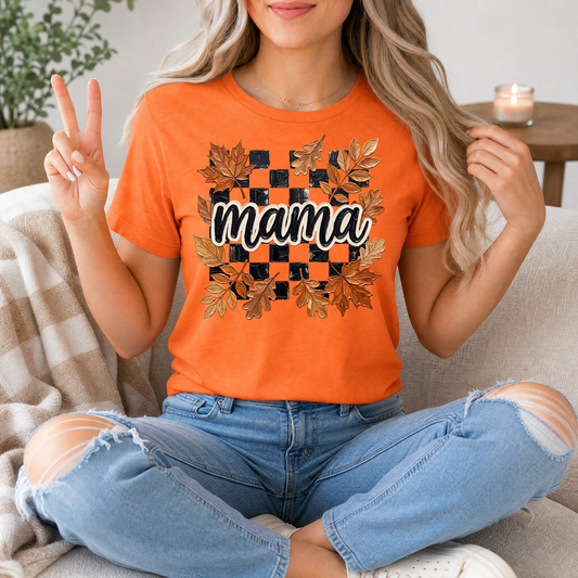 Mama Fall Leaves & Checkerboard Graphic Tee