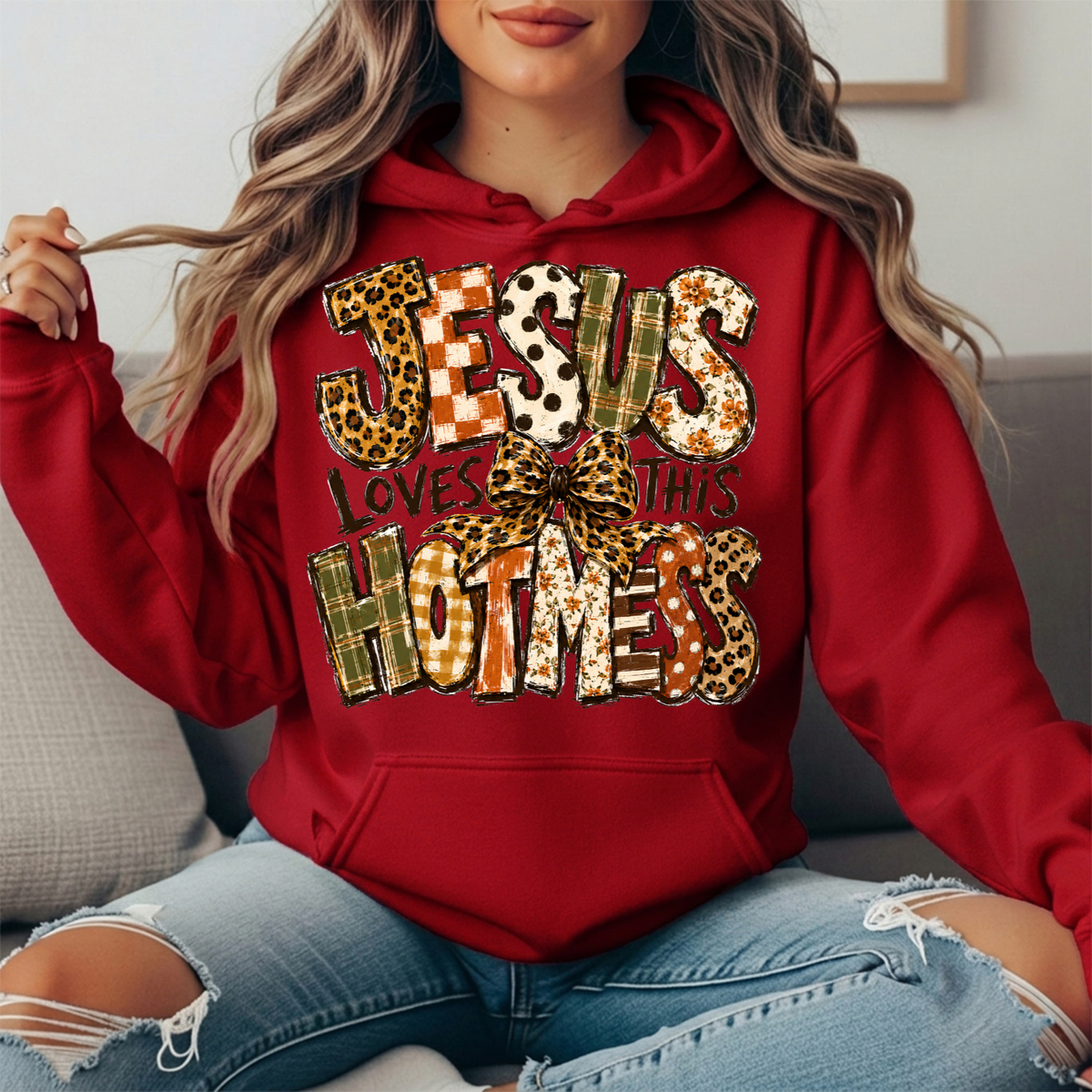 Jesus Loves This Hot Mess Leopard Bow Graphic Hoodie