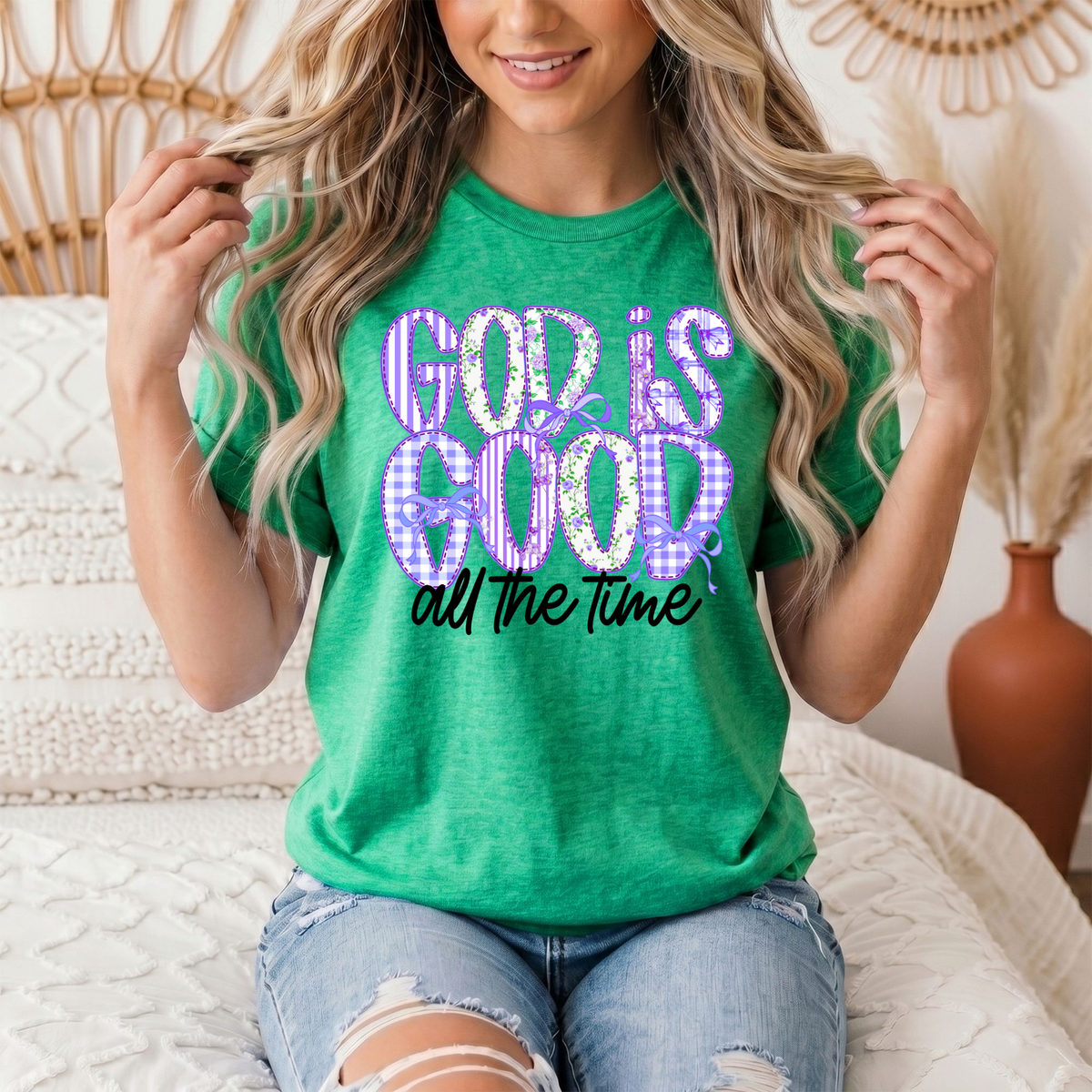 God Is Good All the Time Purple Bow Graphic Tee