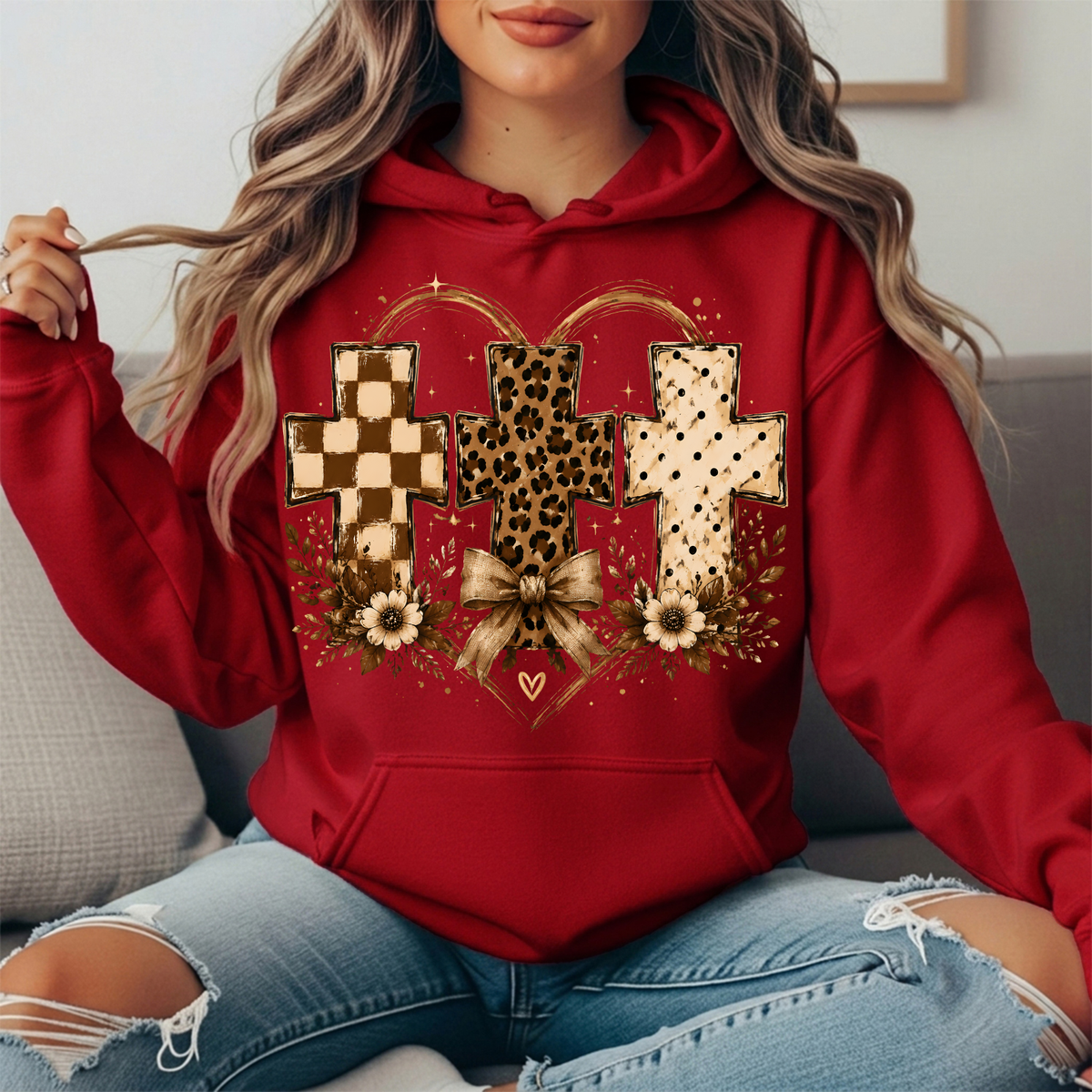 Three Crosses Leopard Floral Bow Graphic Hoodie