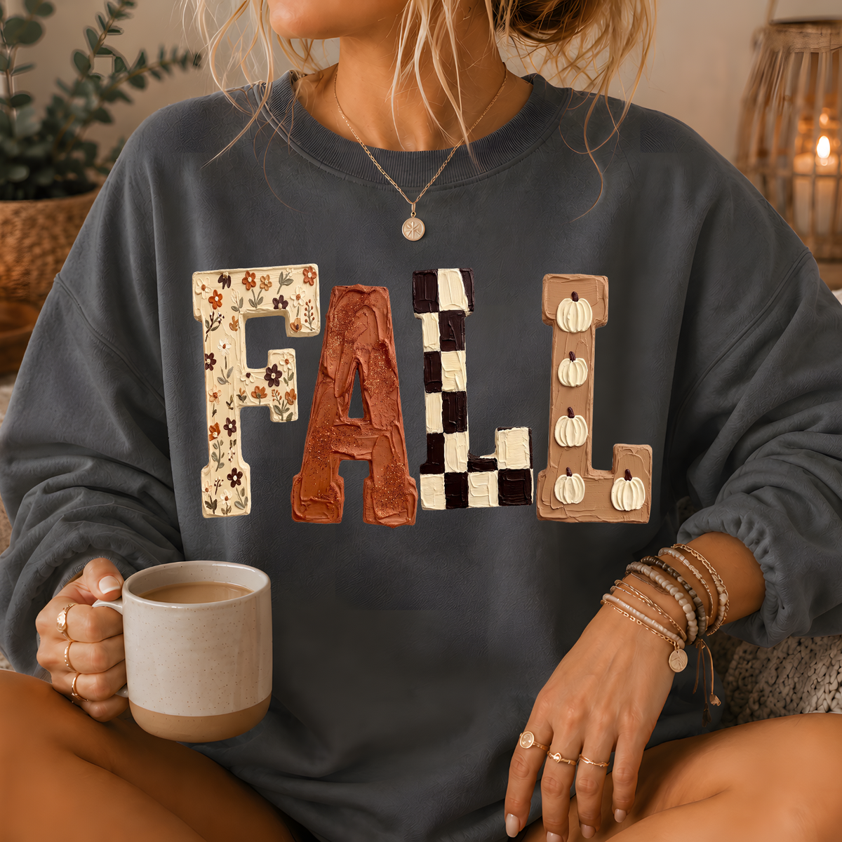 Fall Patchwork Print Crewneck Sweatshirt