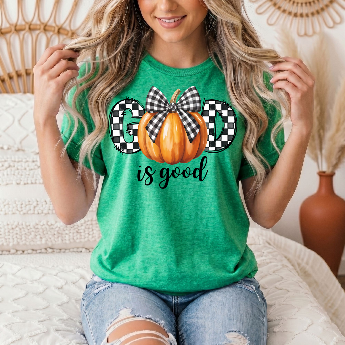 God Is Good Pumpkin & Gingham Bow Graphic Tee