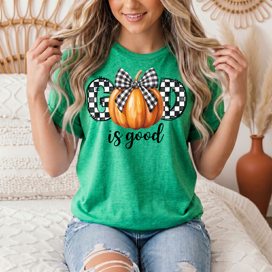 God Is Good Pumpkin & Gingham Bow Graphic Tee