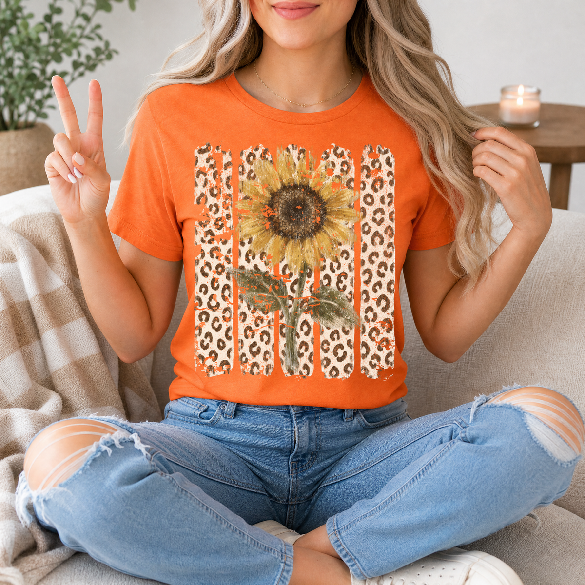 Distressed Sunflower & Leopard Print Graphic Tee