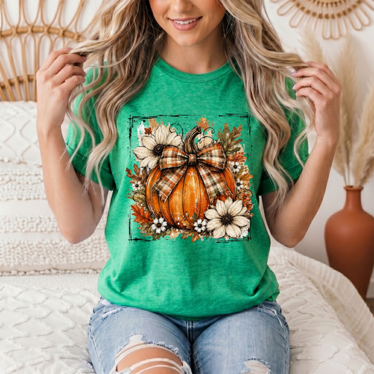 Fall Pumpkin Floral & Plaid Bow Graphic Tee
