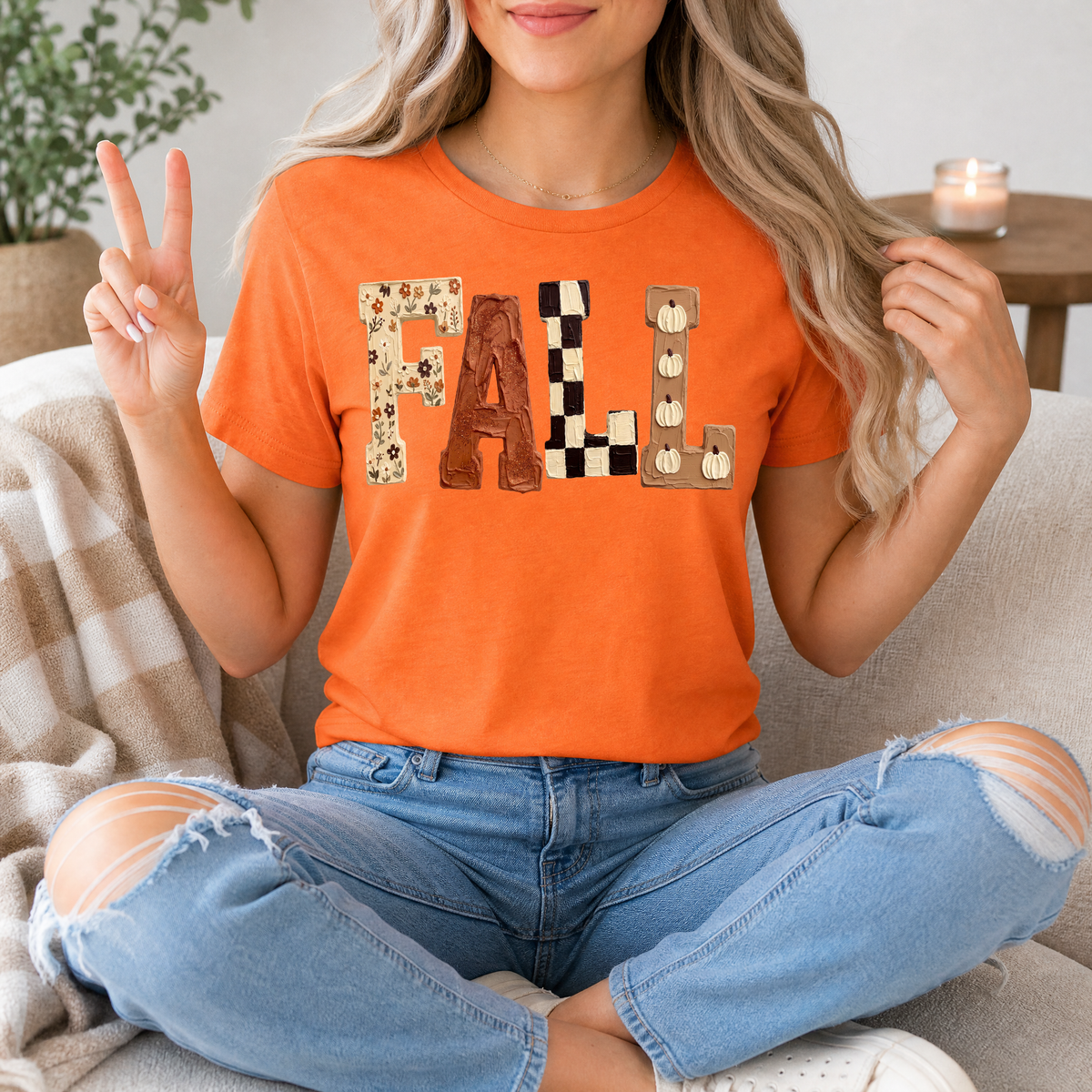 Fall Floral, Checkerboard & Pumpkin Graphic Tee