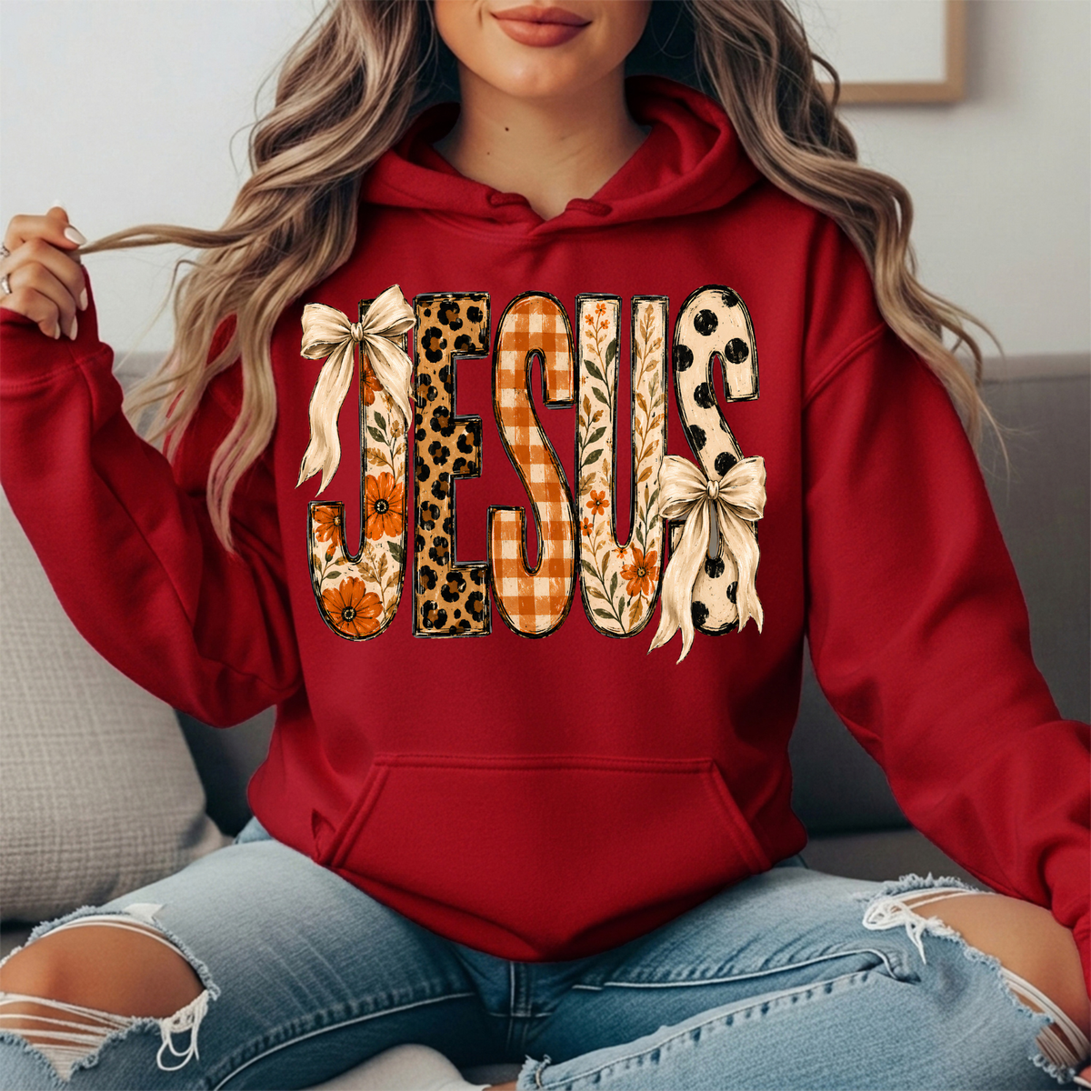Jesus Patchwork Floral & Bow Graphic Hoodie
