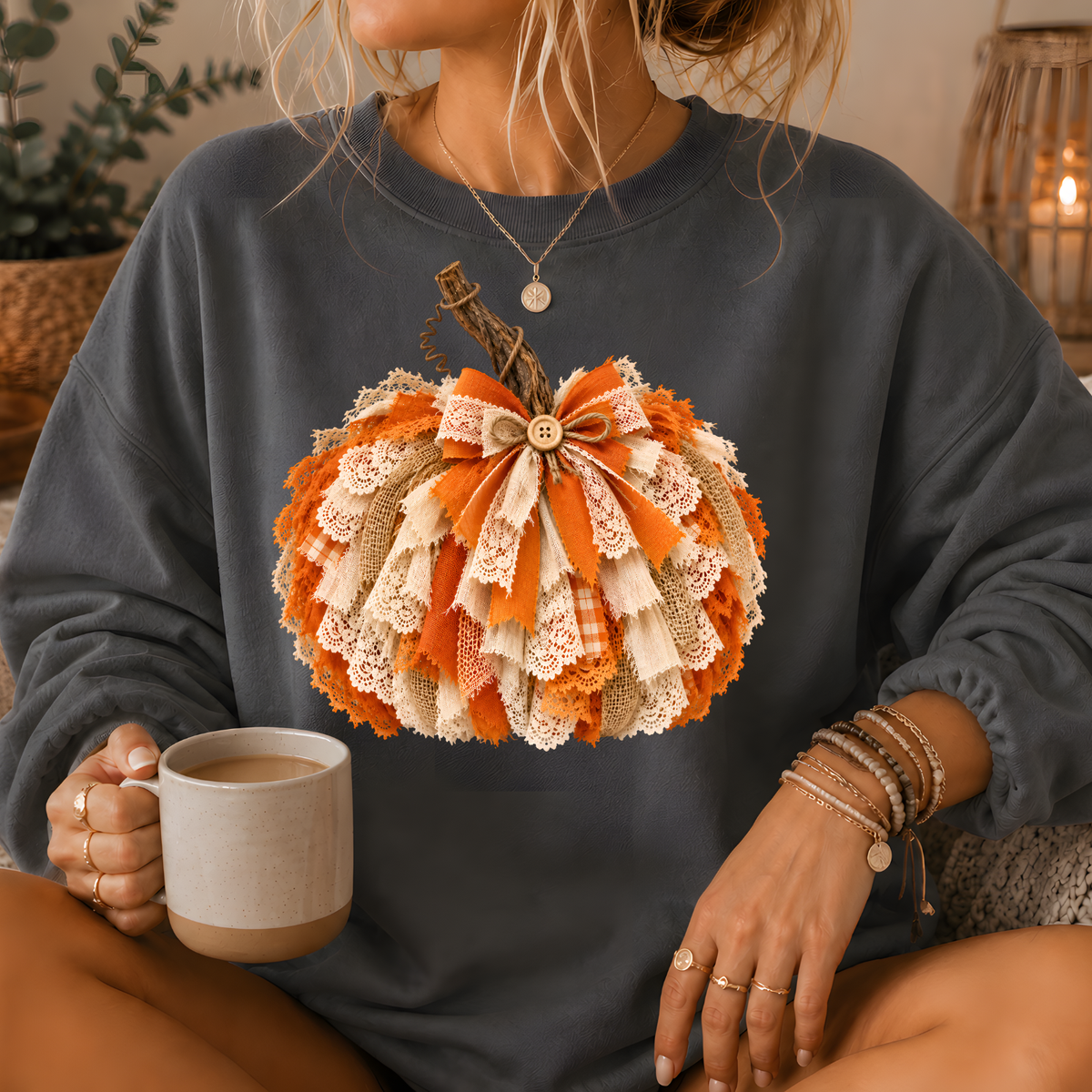 Rustic Lace & Burlap Pumpkin Graphic Crewneck Sweatshirt