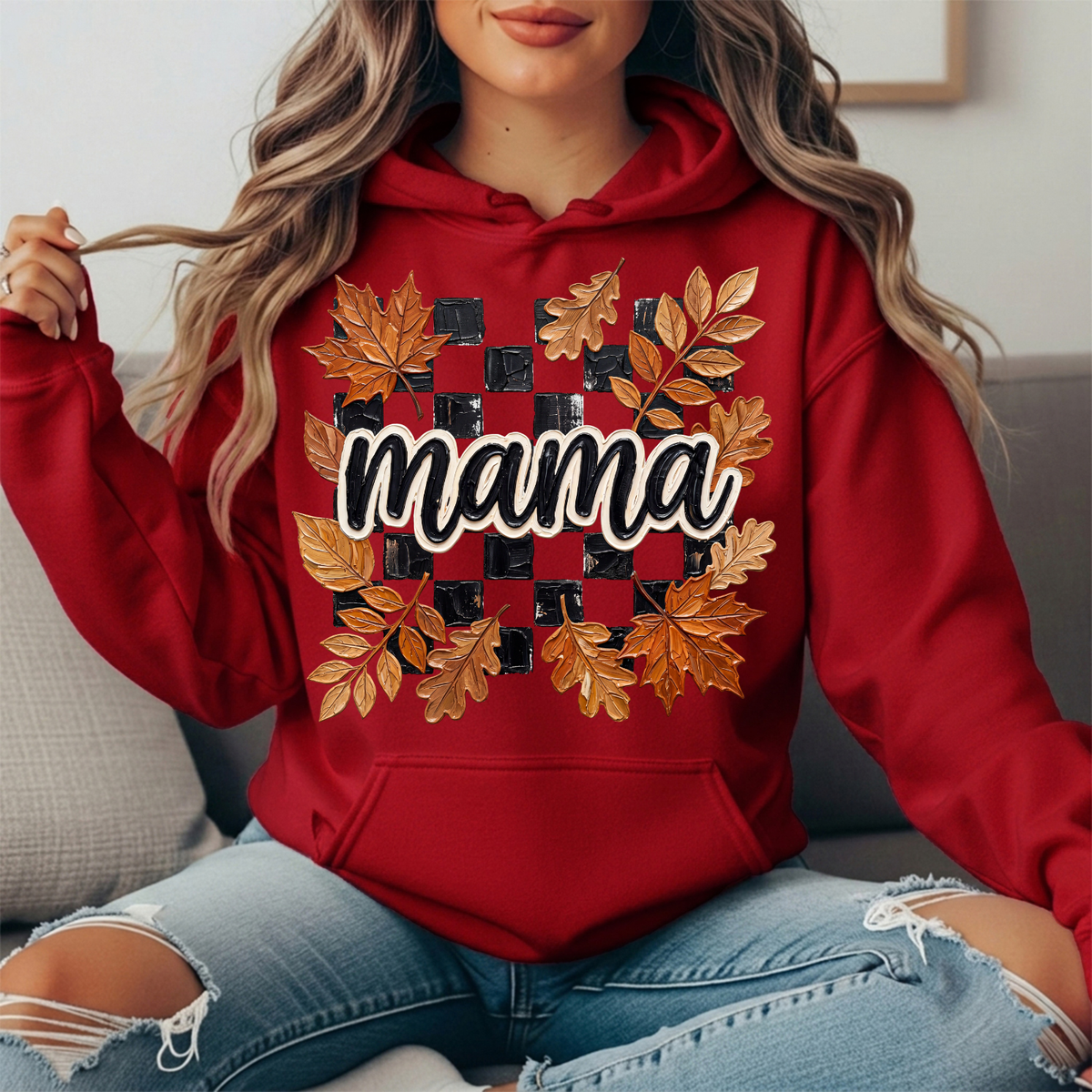 Mama Fall Leaves Checkerboard Graphic Hoodie