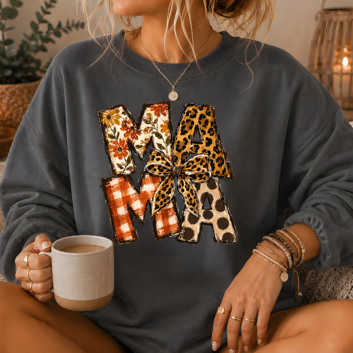 Mama Mixed Print Bow Crewneck Sweatshirt