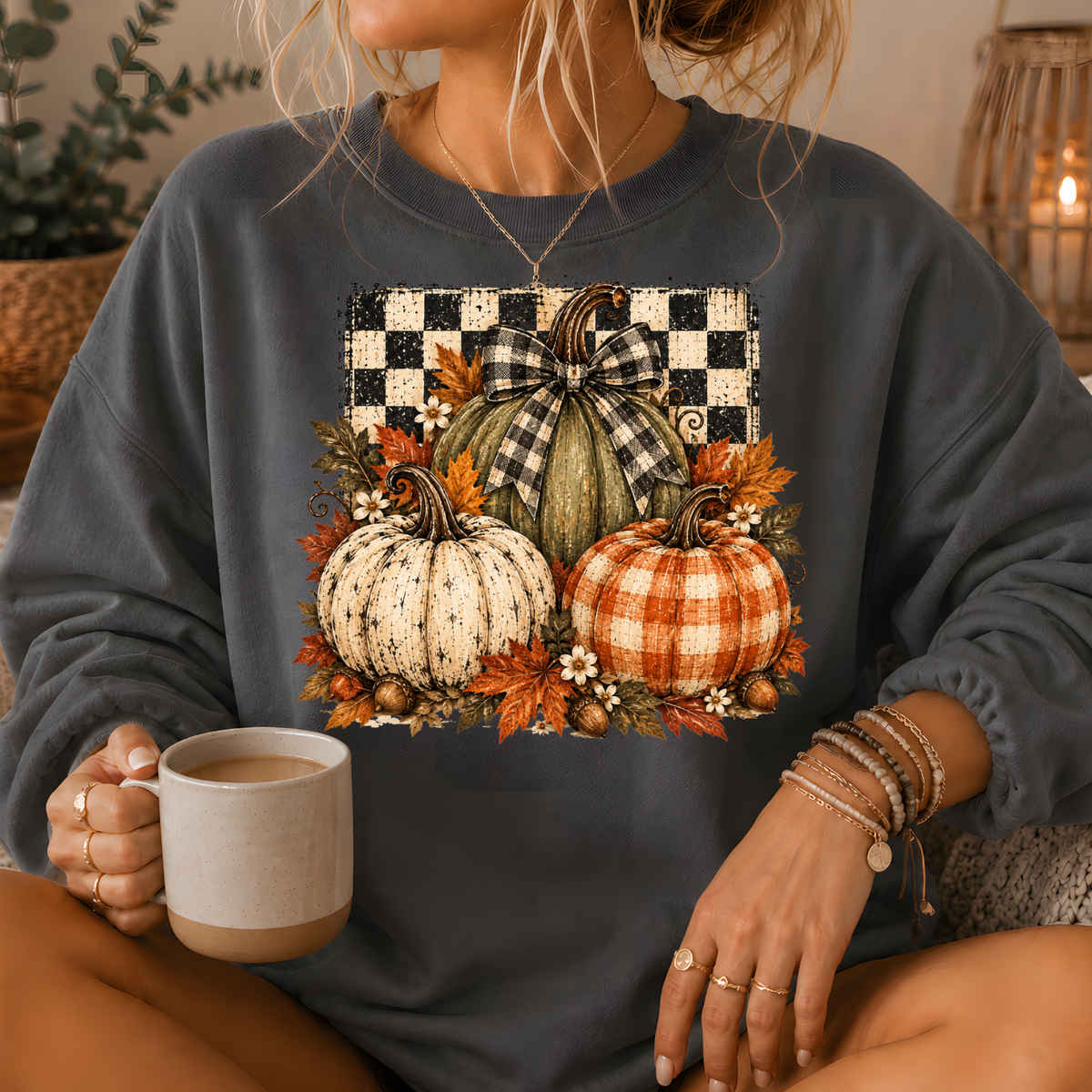 Pumpkin Plaid Bow Floral Crewneck Sweatshirt