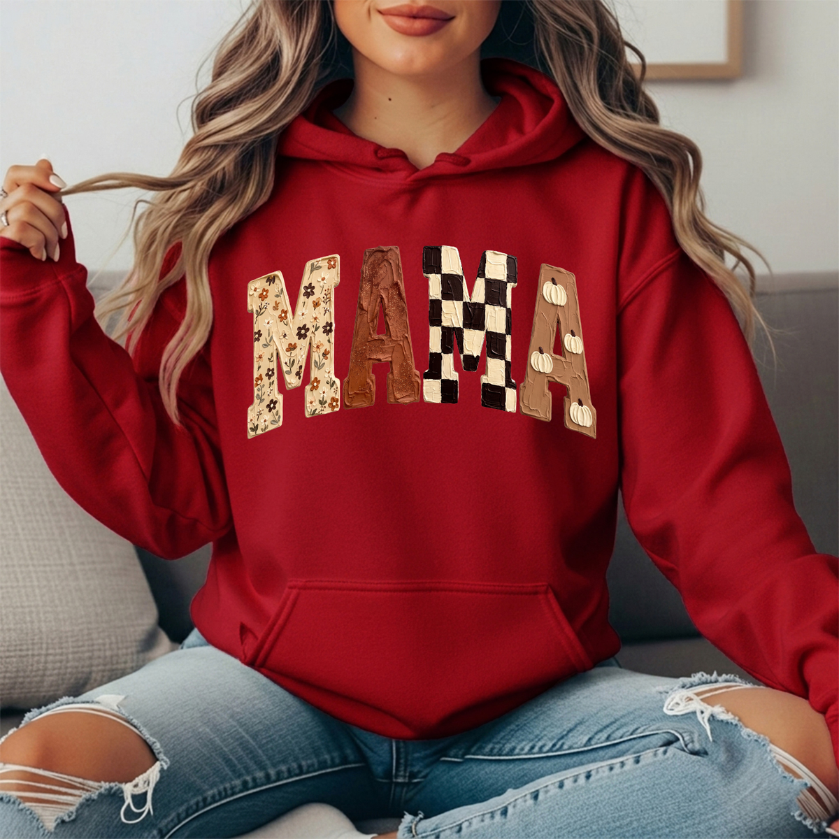 Mama Fall Floral, Checkerboard & Pumpkin Graphic Hoodie