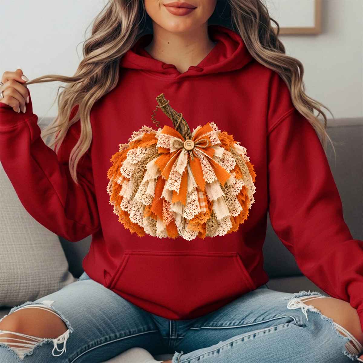 Rustic Lace & Burlap Pumpkin Graphic Hoodie