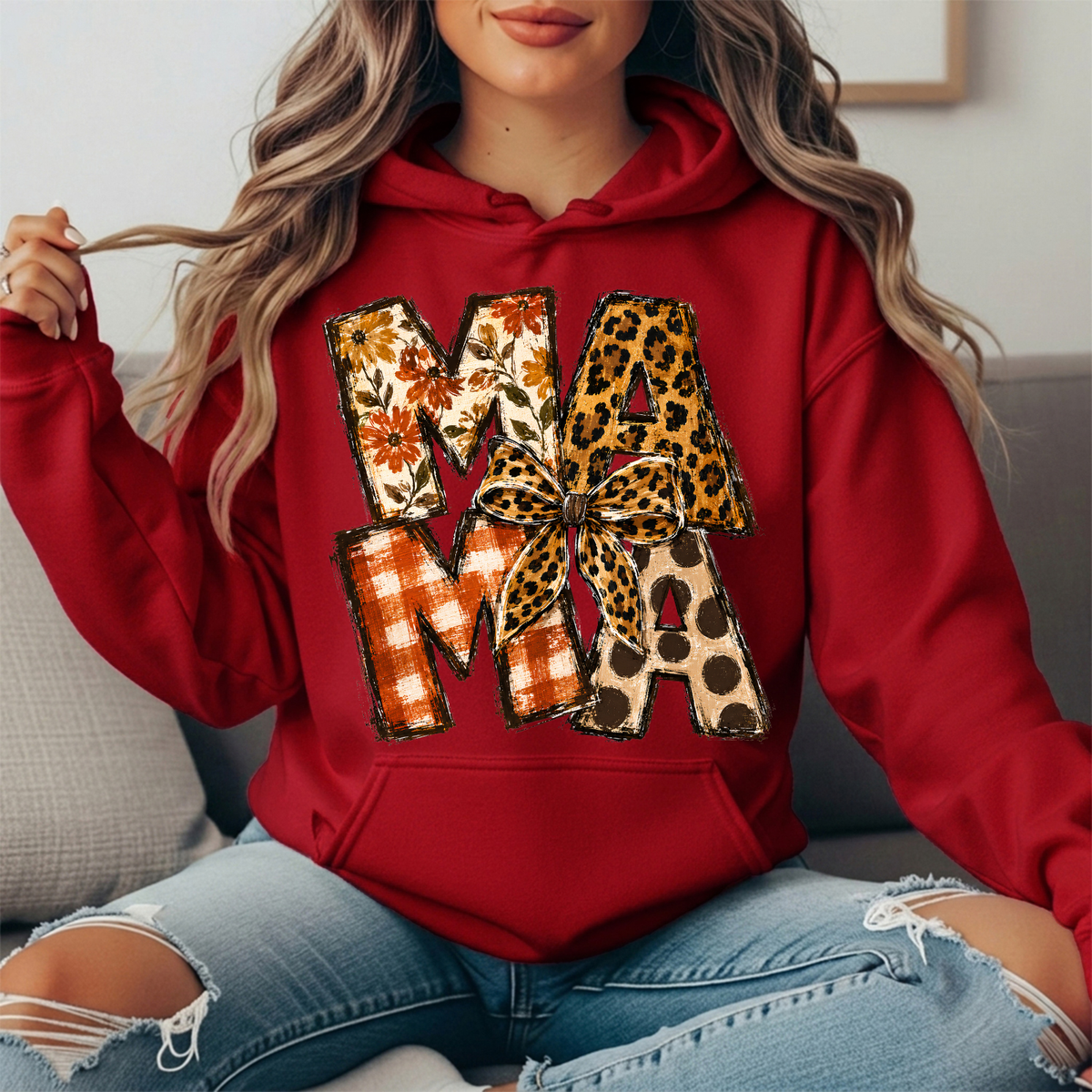 Mama Fall Patchwork & Leopard Bow Graphic Hoodie