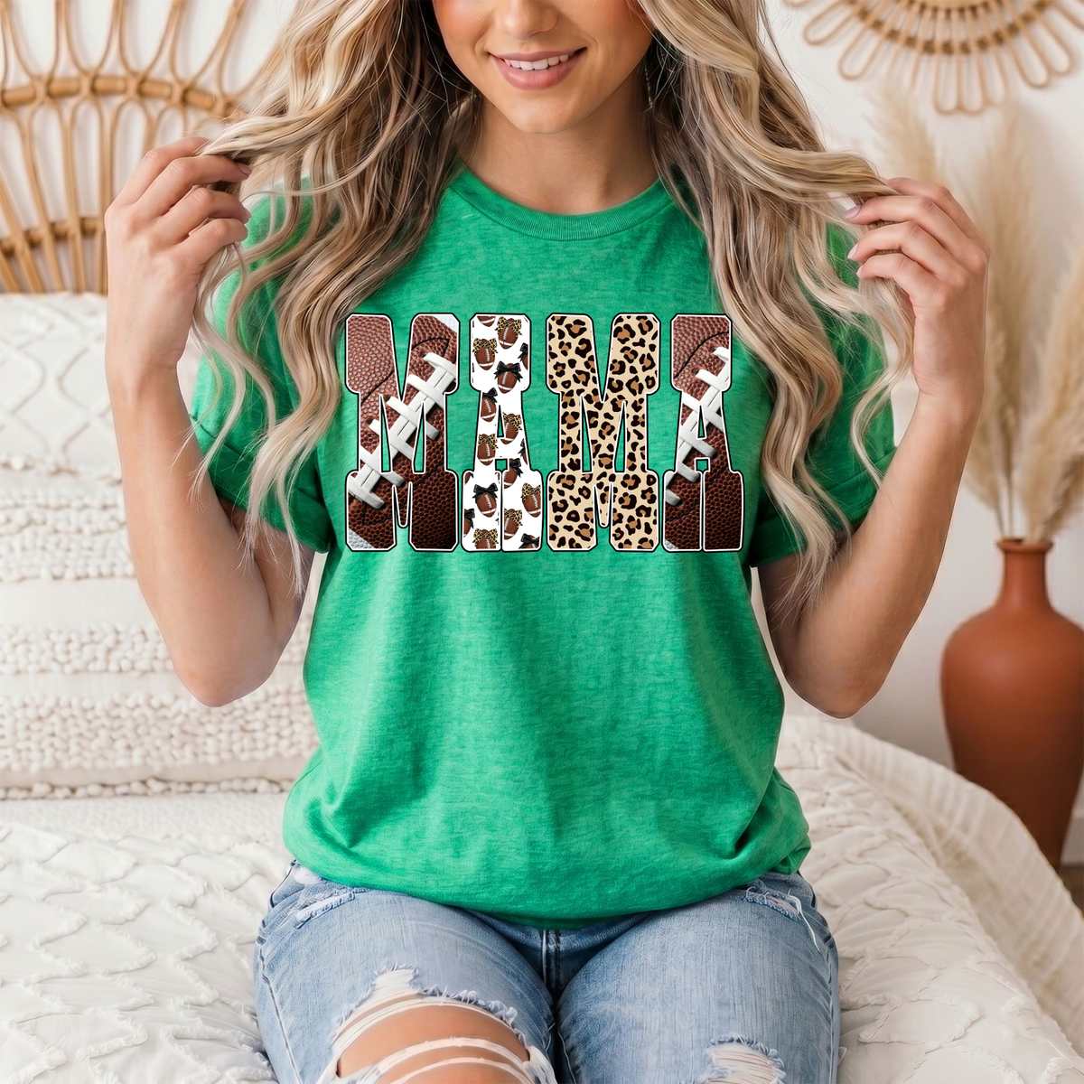 Mama Football & Leopard Mixed Print Graphic Tee