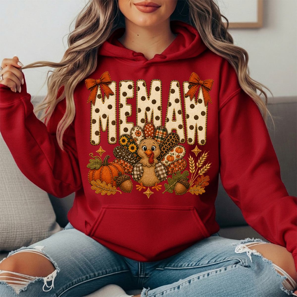 Memaw Thanksgiving Turkey & Rust Bows Graphic Hoodie