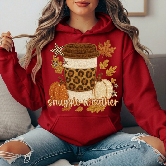 Snuggle Weather Faux Embroidery Coffee Hoodie Sweatshirt