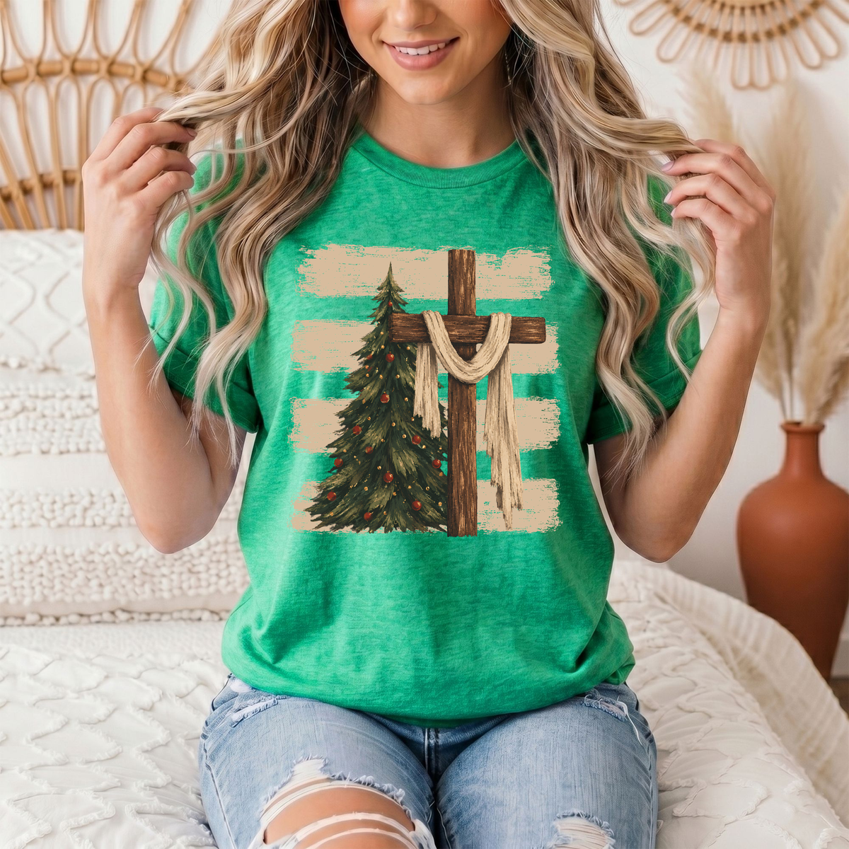 Rustic Cross & Christmas Tree Christian Graphic Tee