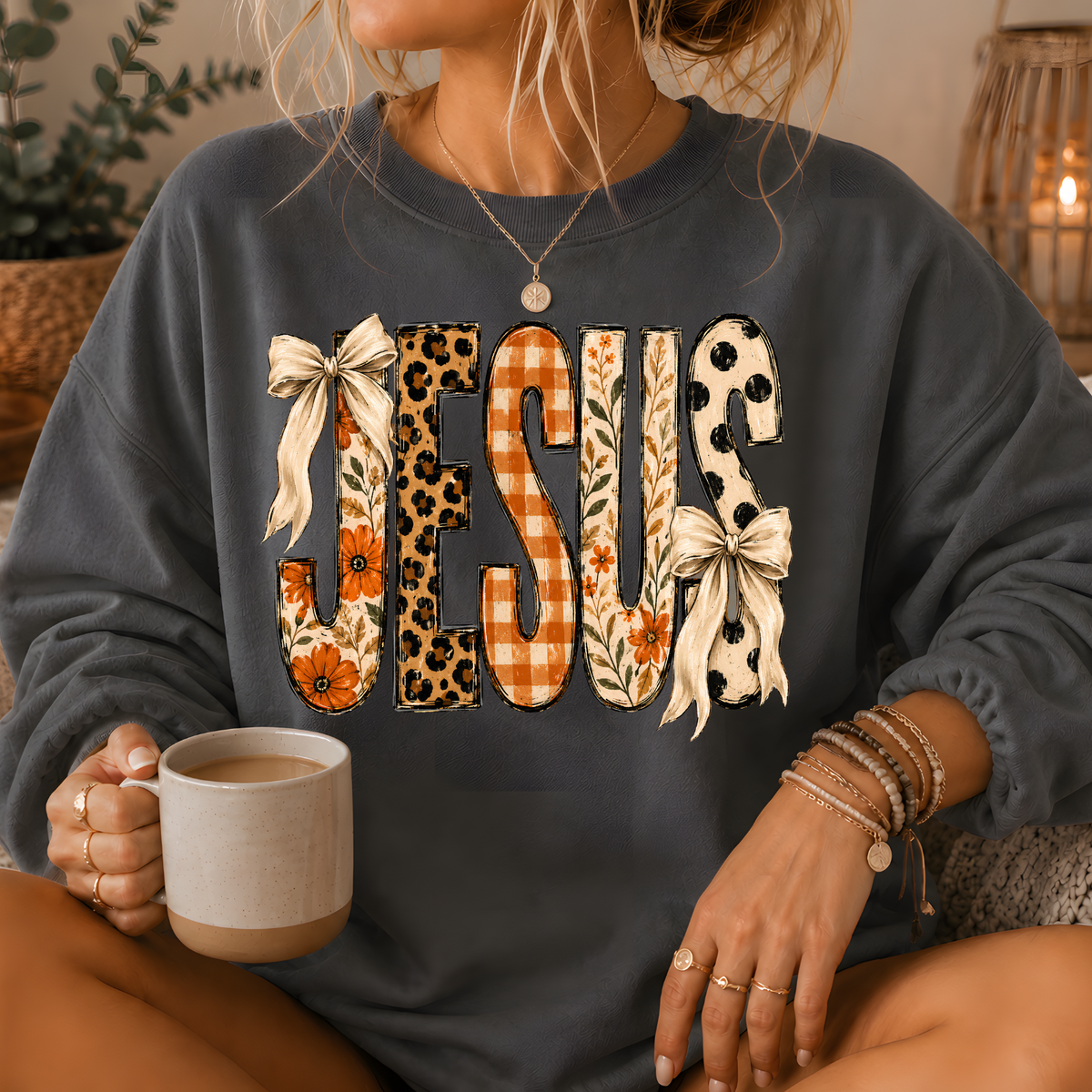 Jesus Mixed Print Bow Crewneck Sweatshirt