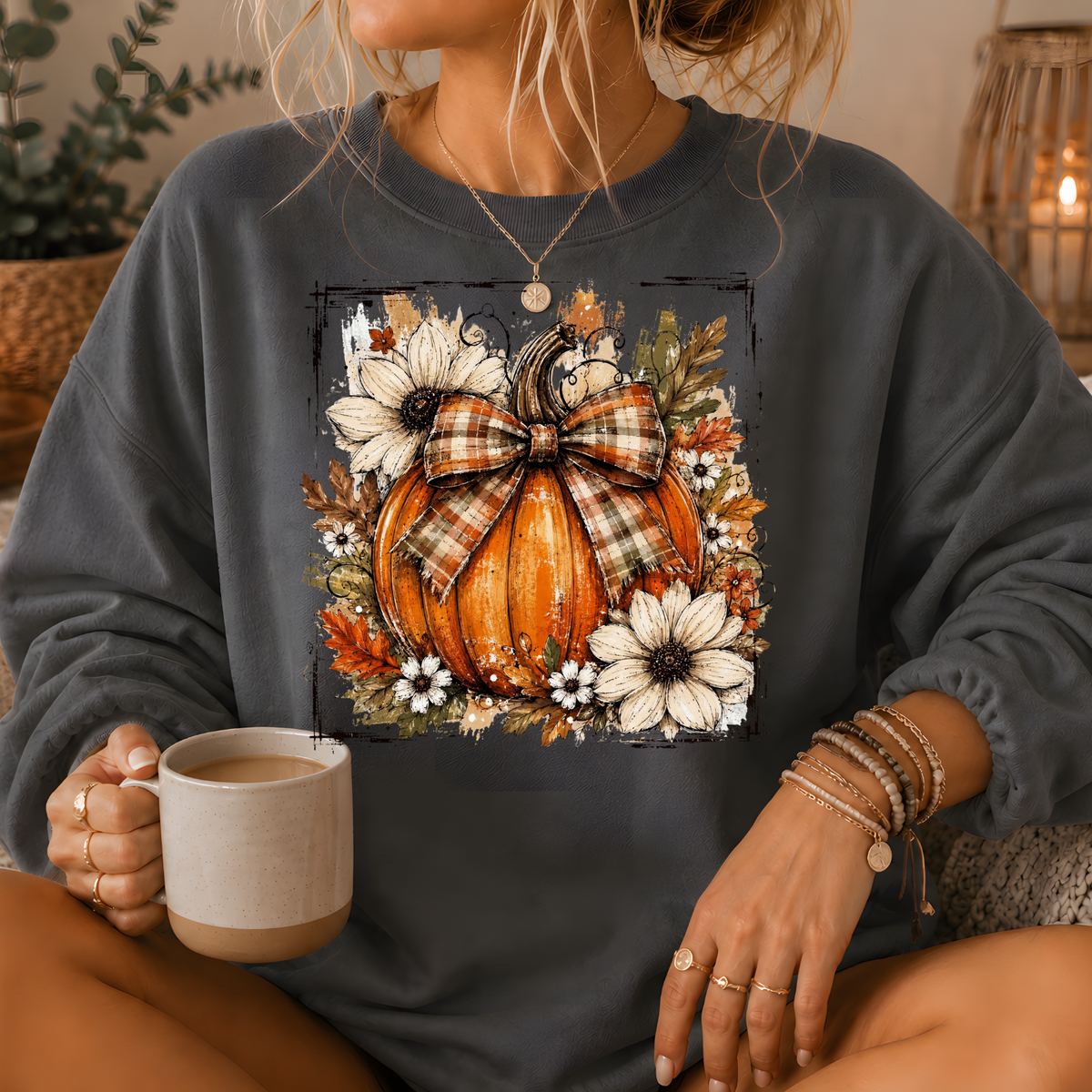 Pumpkin Plaid Bow Floral Crewneck Sweatshirt