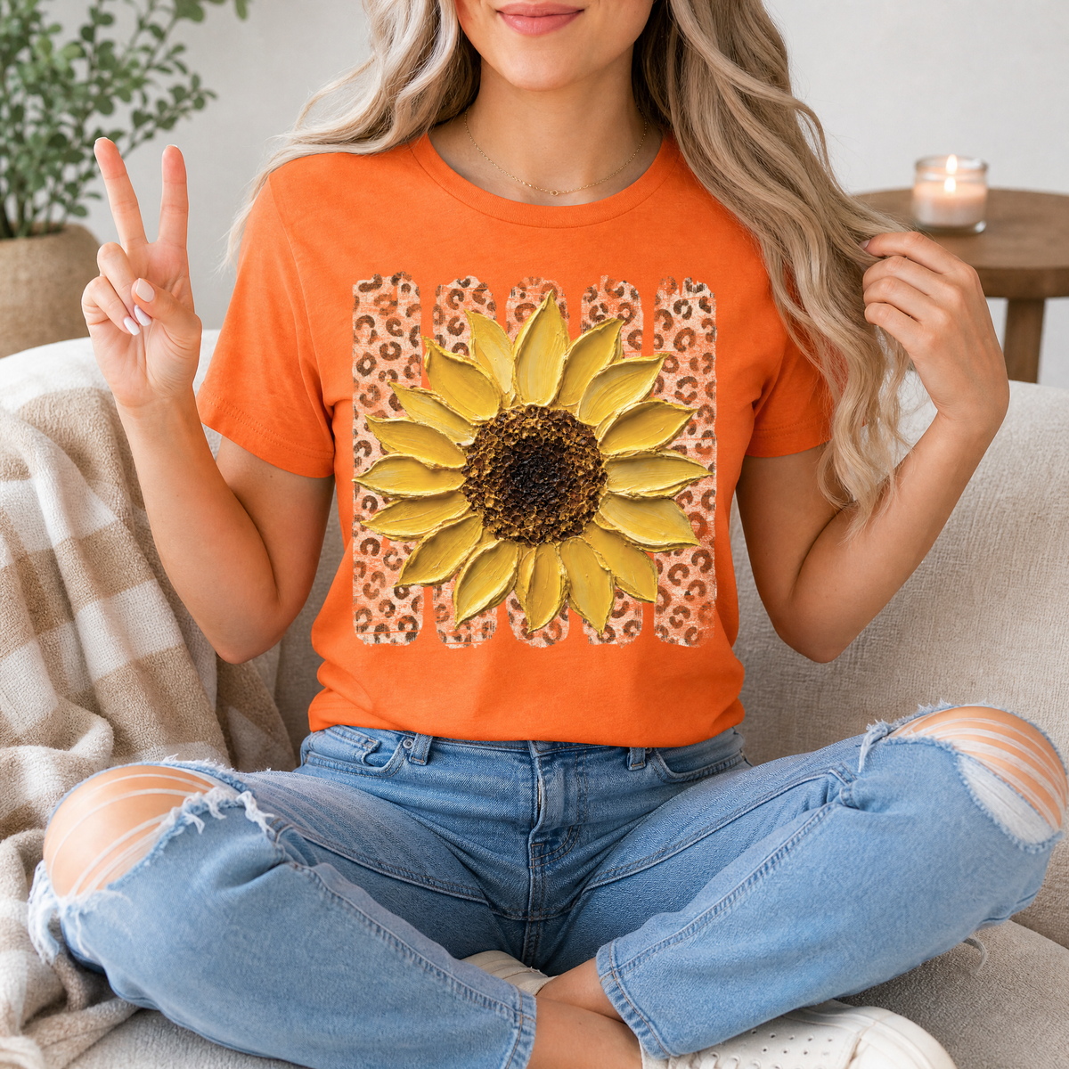 Painted Sunflower & Leopard Print Graphic Tee