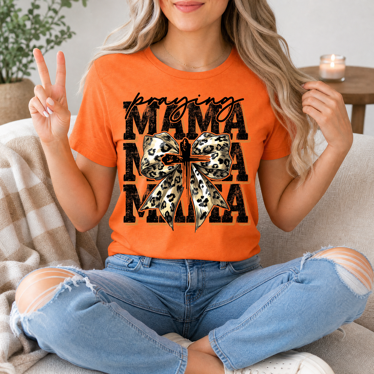 Praying Mama Leopard Bow & Cross Graphic Tee