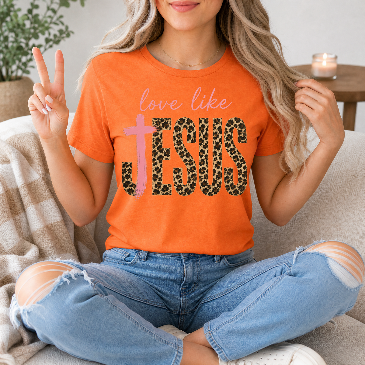 Love Like Jesus Leopard Print & Pink Cross Graphic Tee