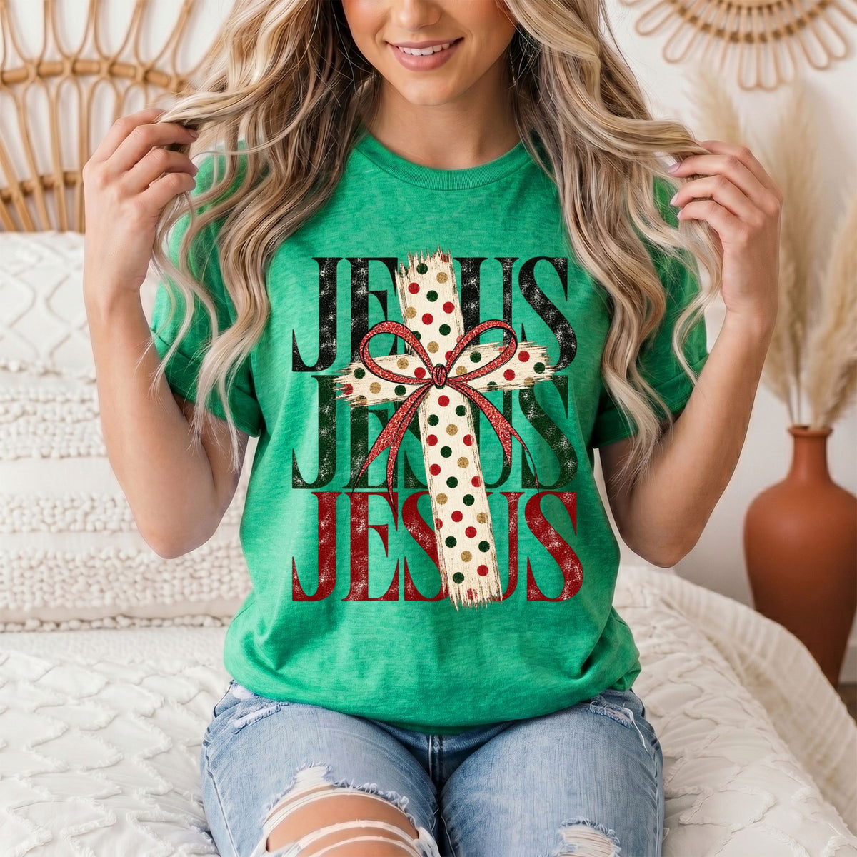 Jesus Christmas Cross & Bow Graphic Tee