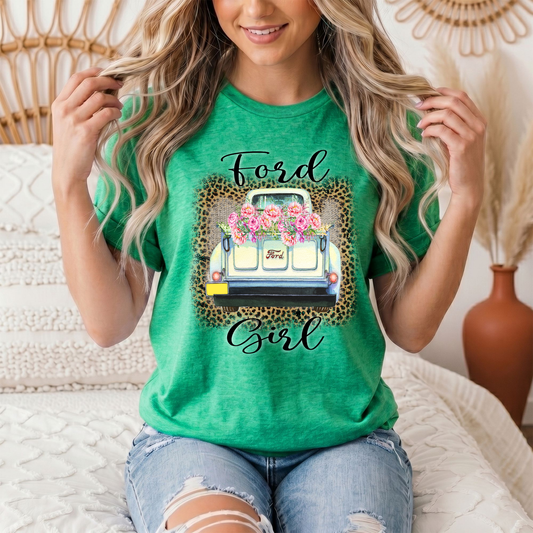 Ford Girl Floral Vintage Truck & Leopard Graphic Tee