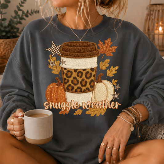 Snuggle Weather Faux Embroidery Coffee Crewneck Sweatshirt