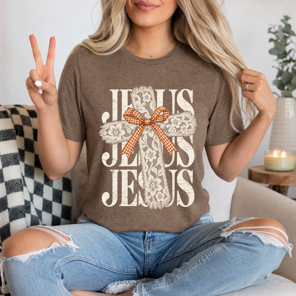 Jesus Lace Cross & Gingham Bow Christian Graphic Tee