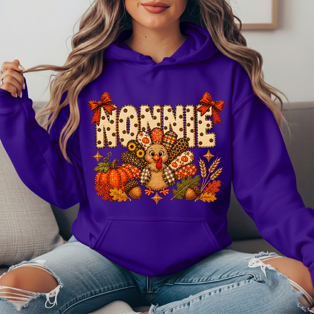 Nonnie Thanksgiving Patchwork Turkey Bow Graphic Hoodie
