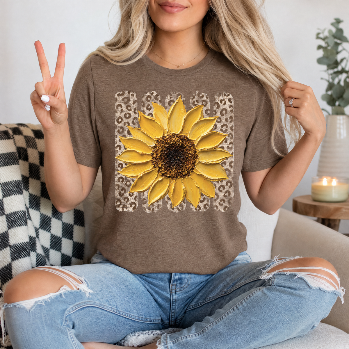 Painted Sunflower & Leopard Print Graphic Tee