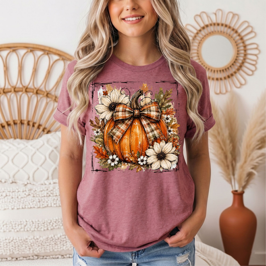 Fall Pumpkin Floral & Plaid Bow Graphic Tee