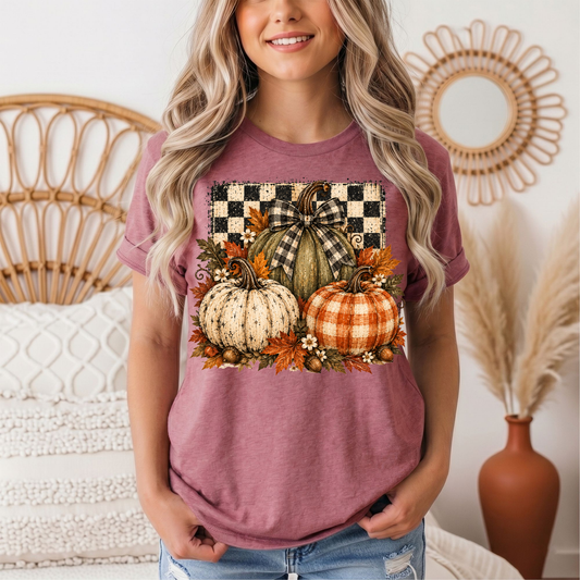 Rustic Fall Pumpkin Trio & Gingham Bow Graphic Tee