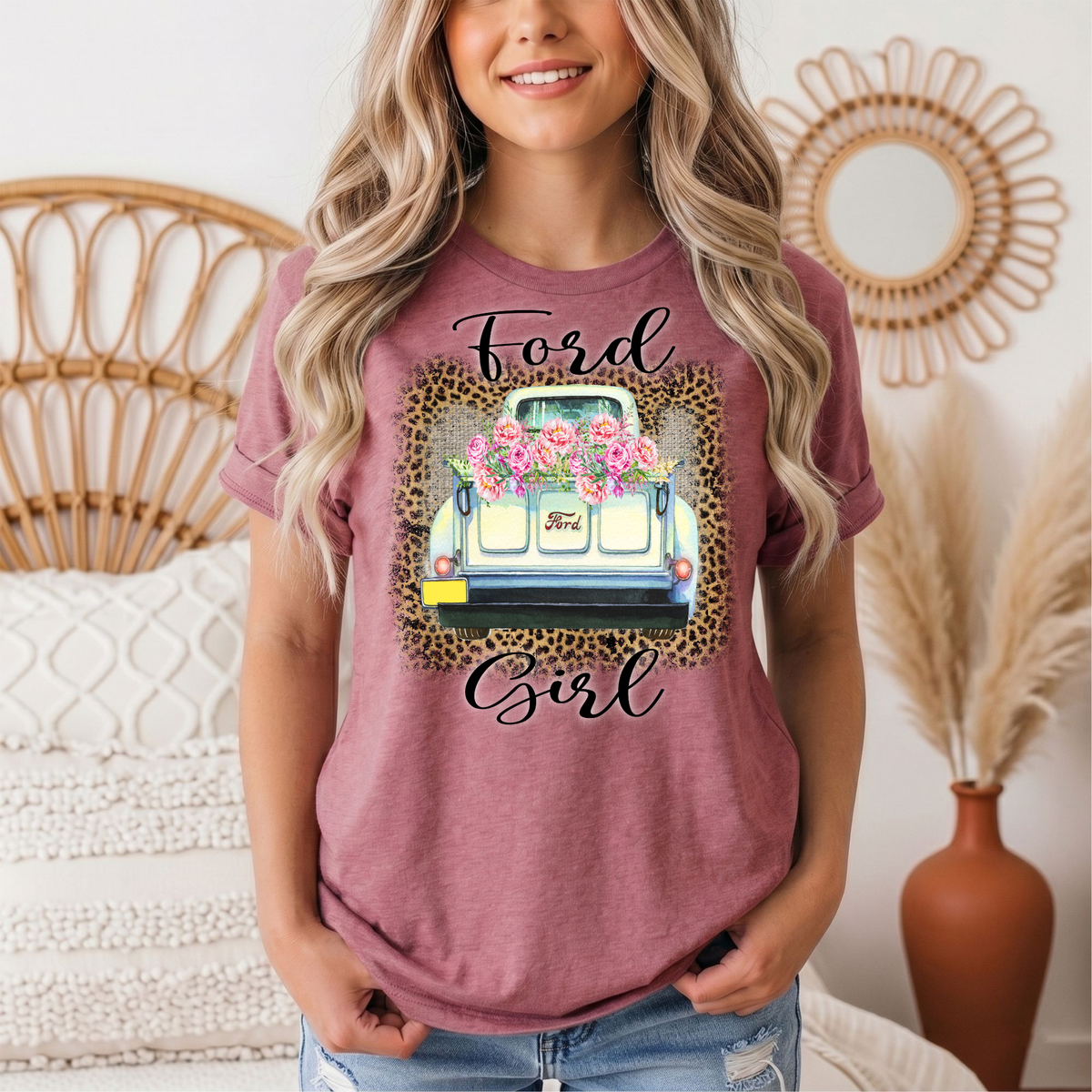 Ford Girl Floral Vintage Truck & Leopard Graphic Tee