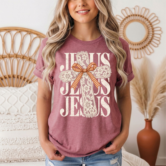 Jesus Lace Cross & Gingham Bow Christian Graphic Tee