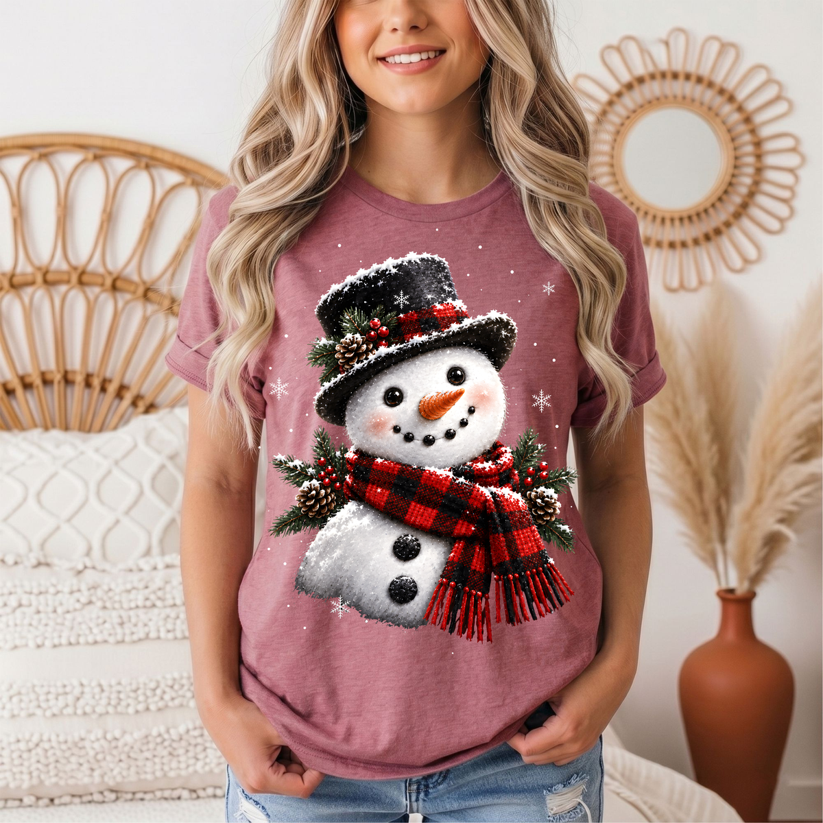 Snowman Buffalo Plaid Scarf Christmas Graphic Tee