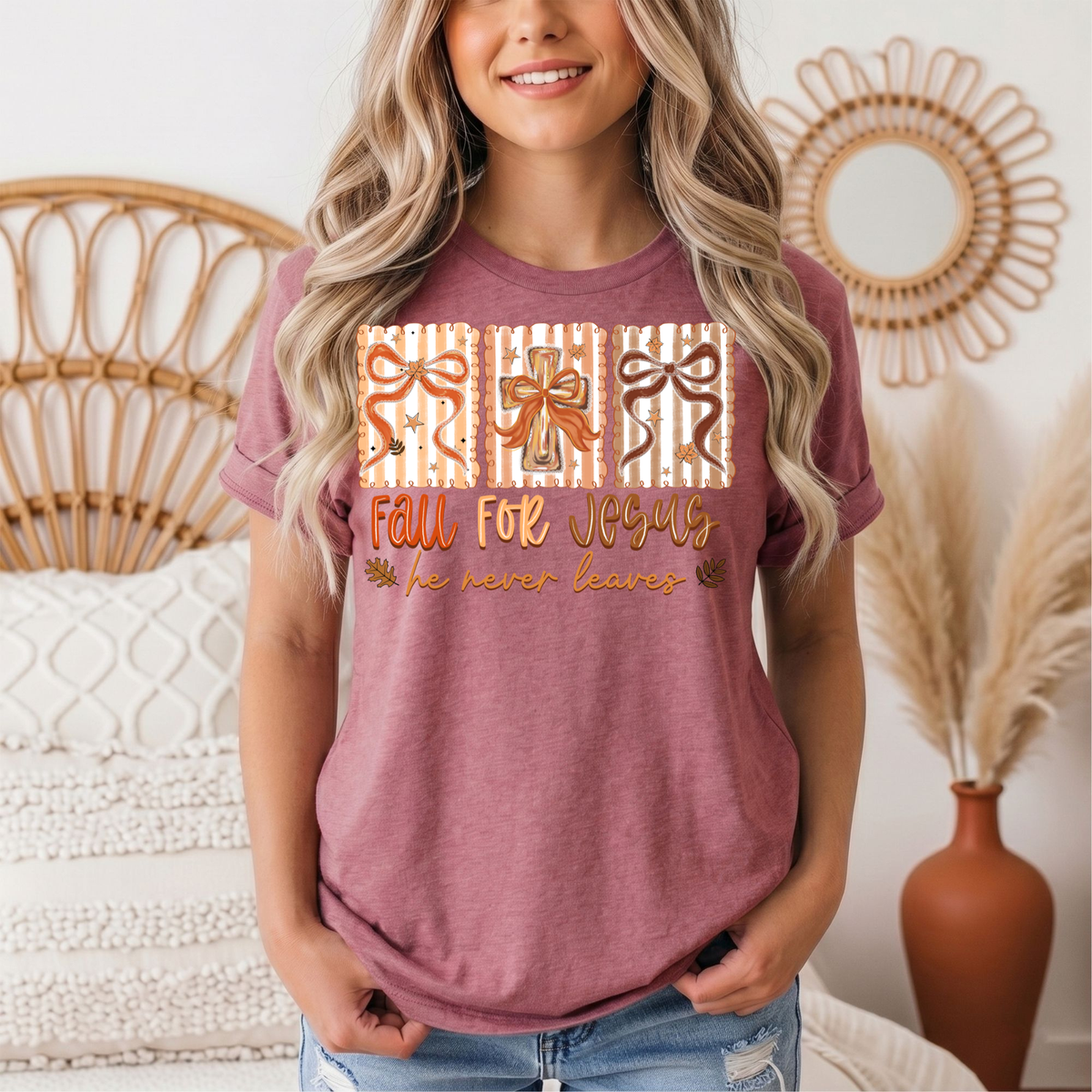 Fall for Jesus He Never Leaves Christian Graphic Tee