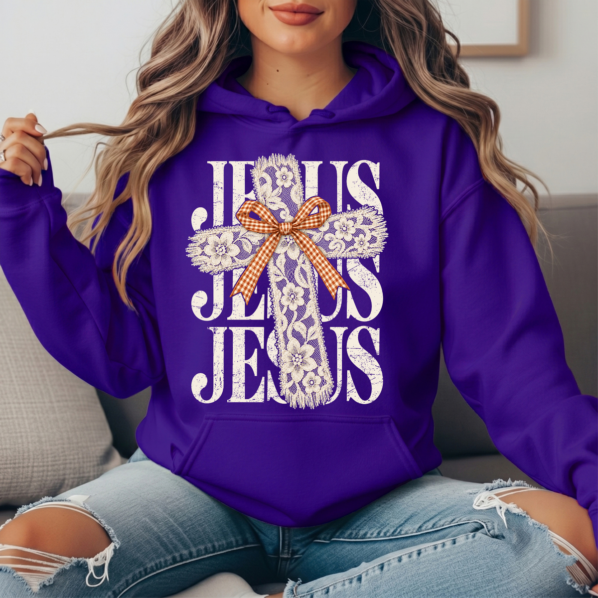 Jesus Floral Lace Cross & Gingham Bow Graphic Hoodie