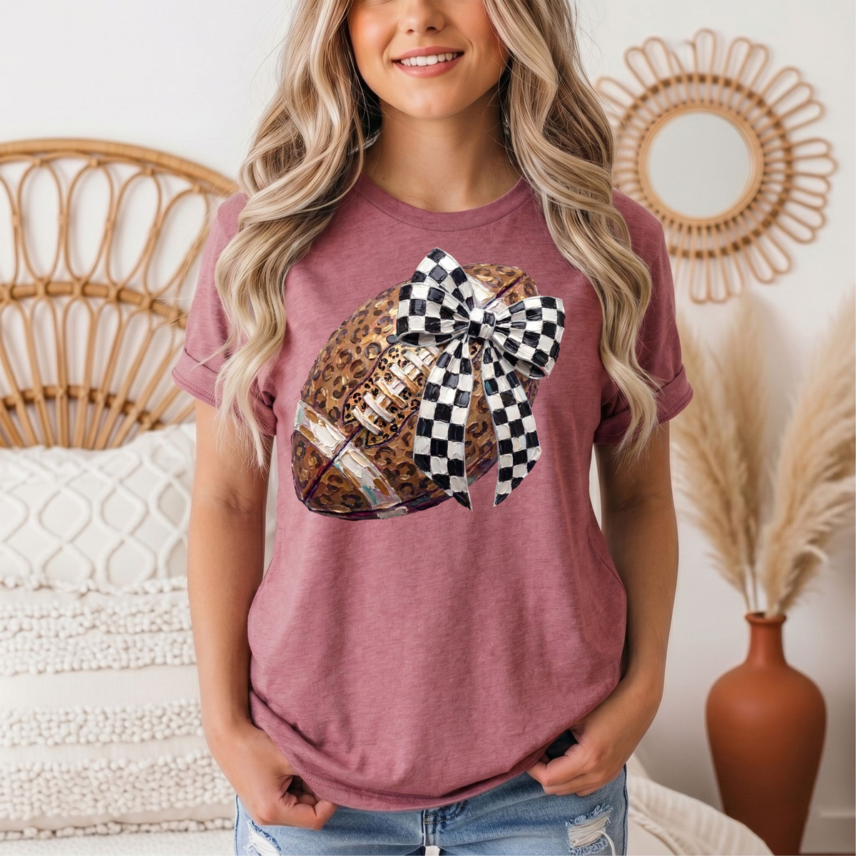 Leopard Football & Checkerboard Bow Graphic Tee